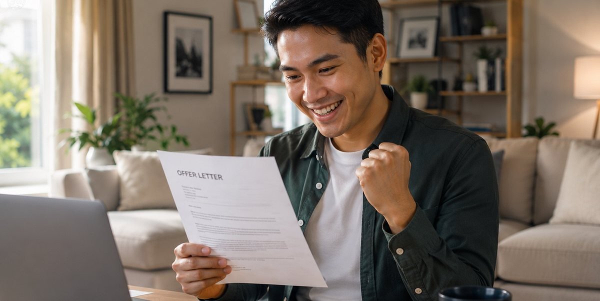 A graduate reading an offer letter at home
