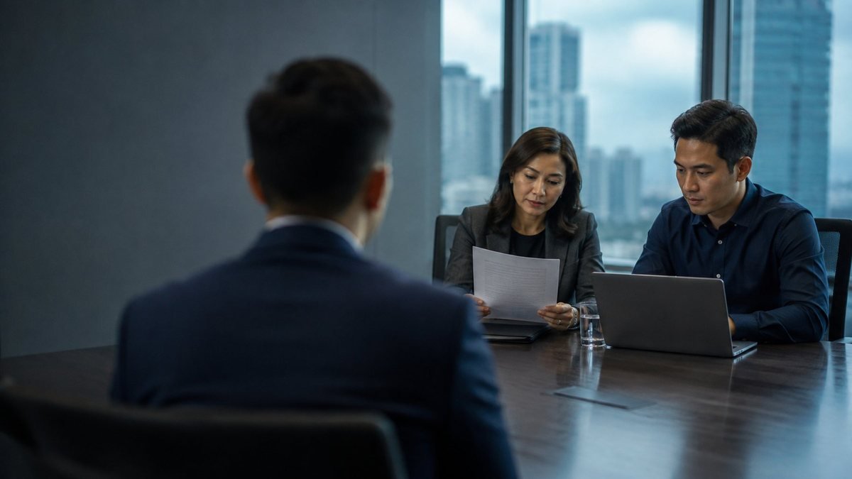 A hiring panel reviewing a candidate across a boardroom table