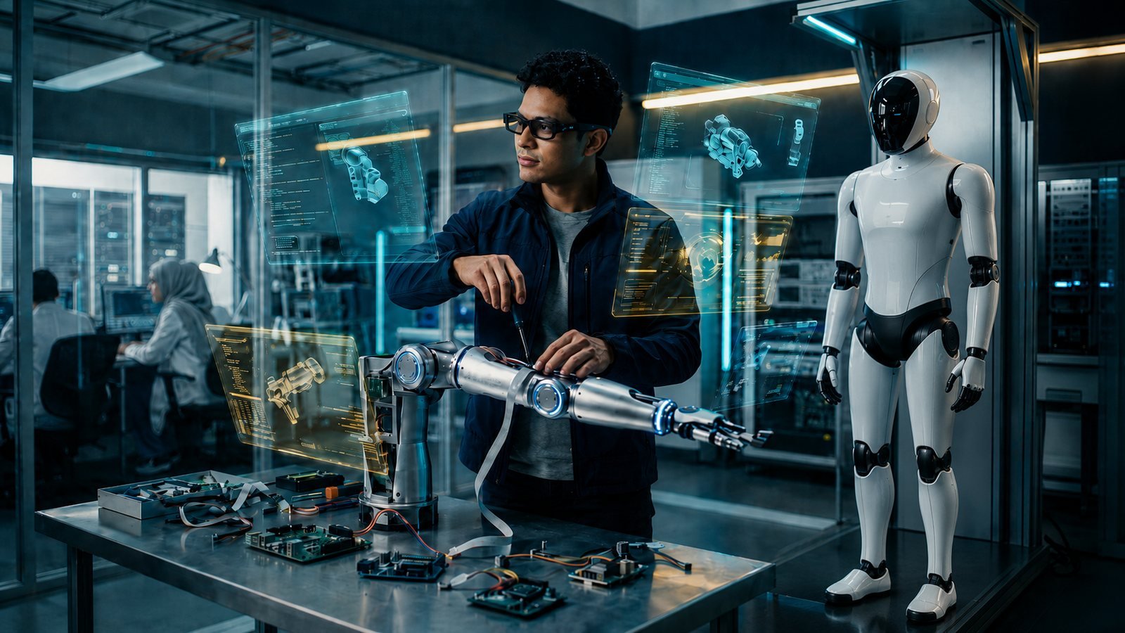 A young engineer working with robotics and holographic design tools in a research lab