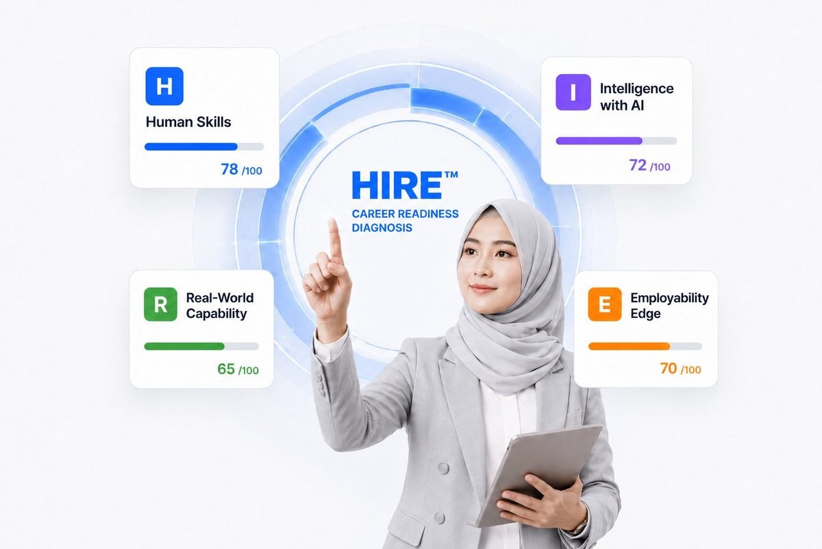 The HIRE™ career readiness diagnosis showing a score for each of the four dimensions