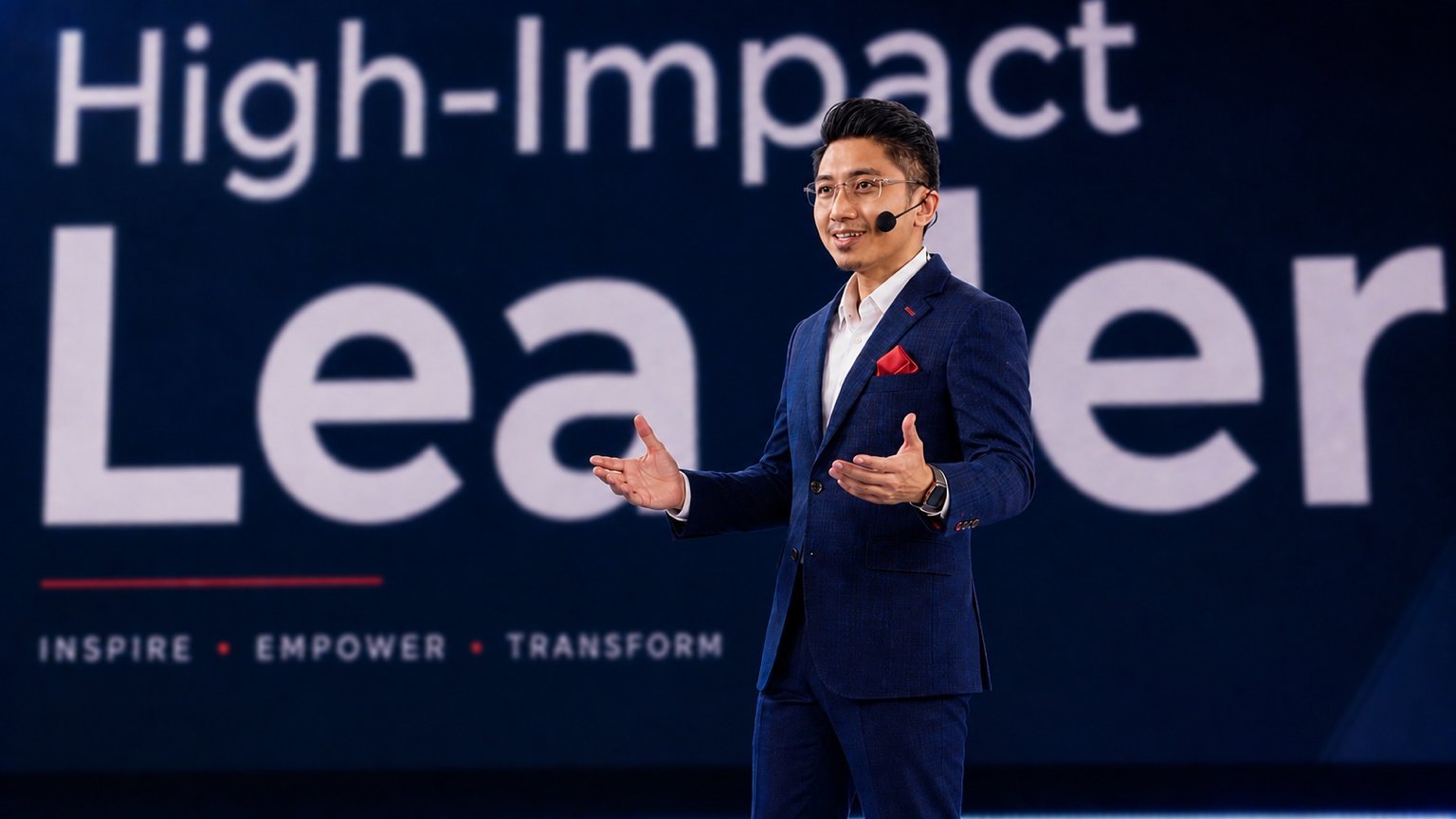 Shafeeq Zulkifli speaking on stage in front of a High-Impact Leader backdrop