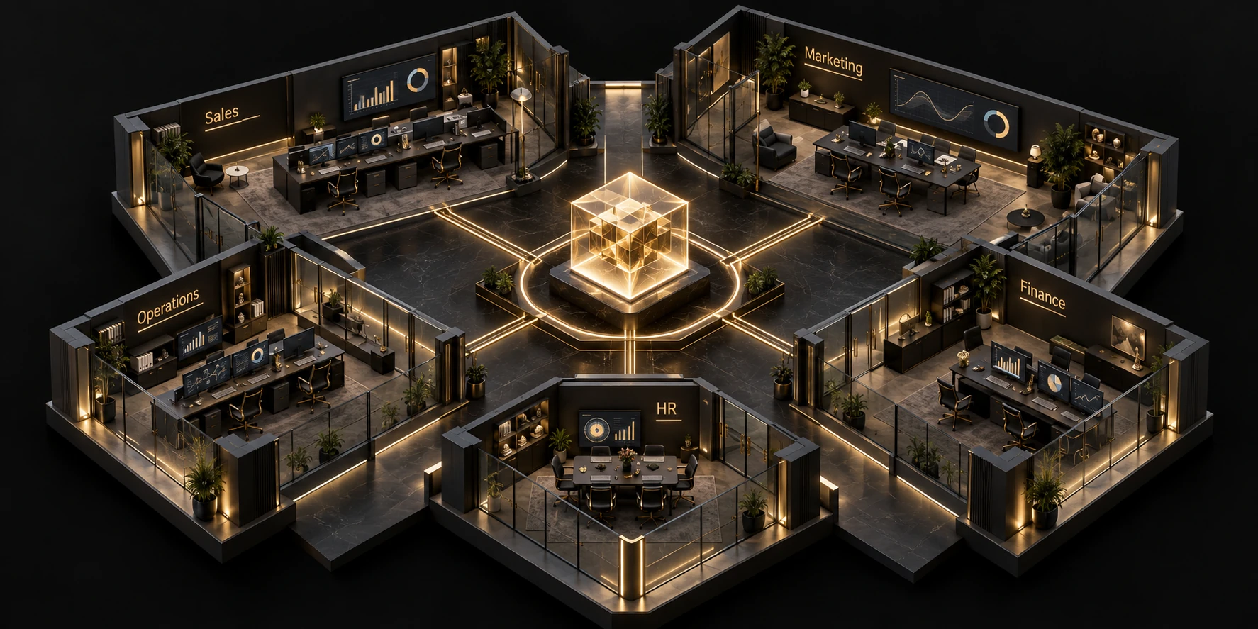 Isometric modern office with dedicated Sales, Marketing, Operations, HR and Finance workspaces connected through AI automation. No human figures.