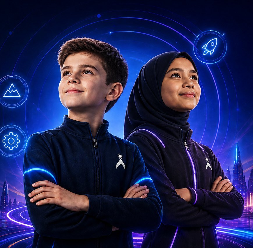 Two Wonderspire students in uniform looking ahead