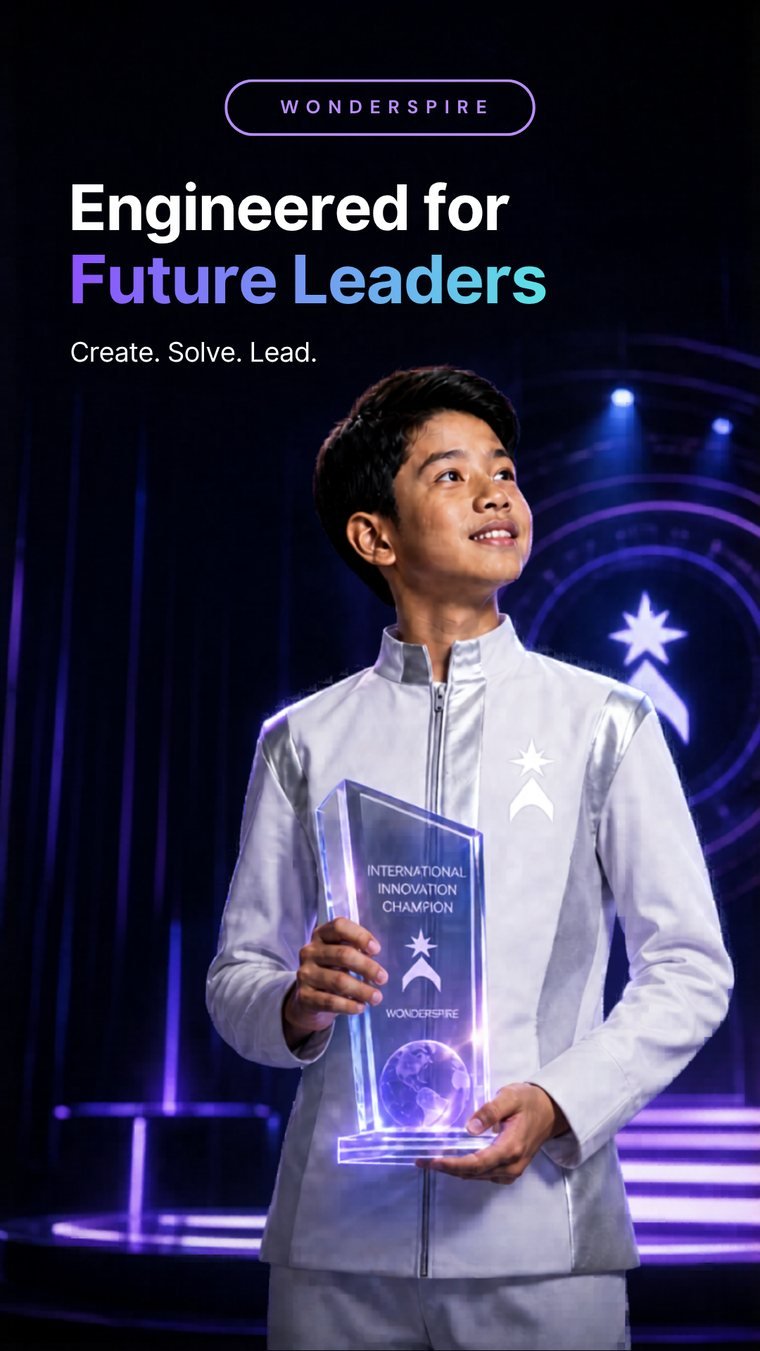 A Wonderspire student holding an International Innovation Champion trophy